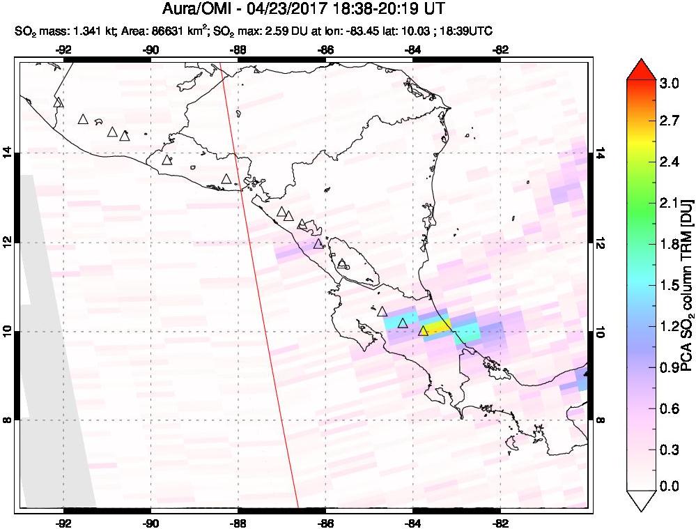 A sulfur dioxide image over Central America on Apr 23, 2017.