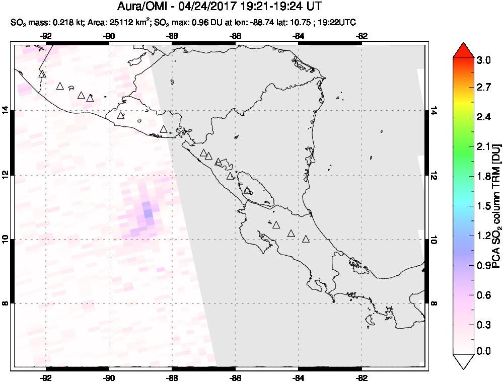 A sulfur dioxide image over Central America on Apr 24, 2017.