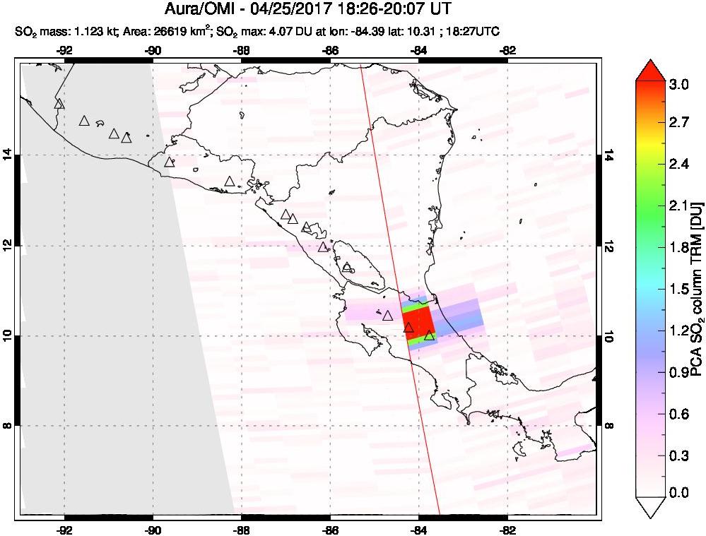 A sulfur dioxide image over Central America on Apr 25, 2017.