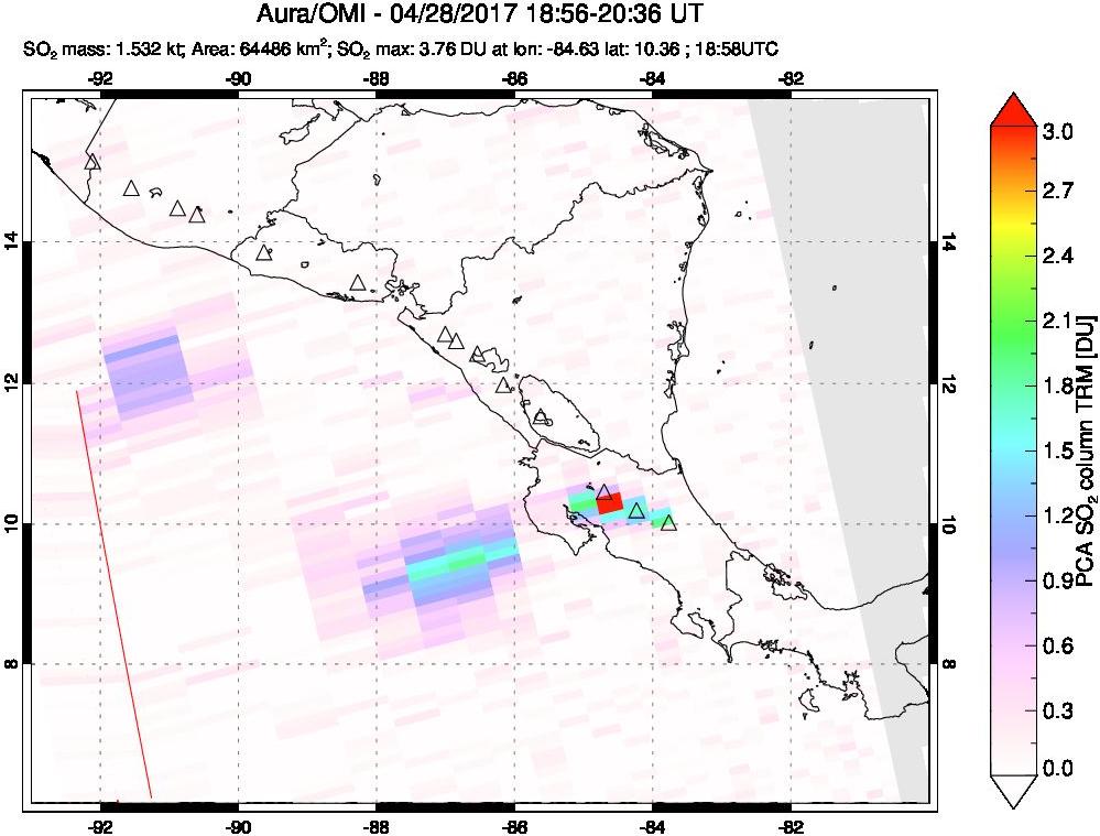 A sulfur dioxide image over Central America on Apr 28, 2017.