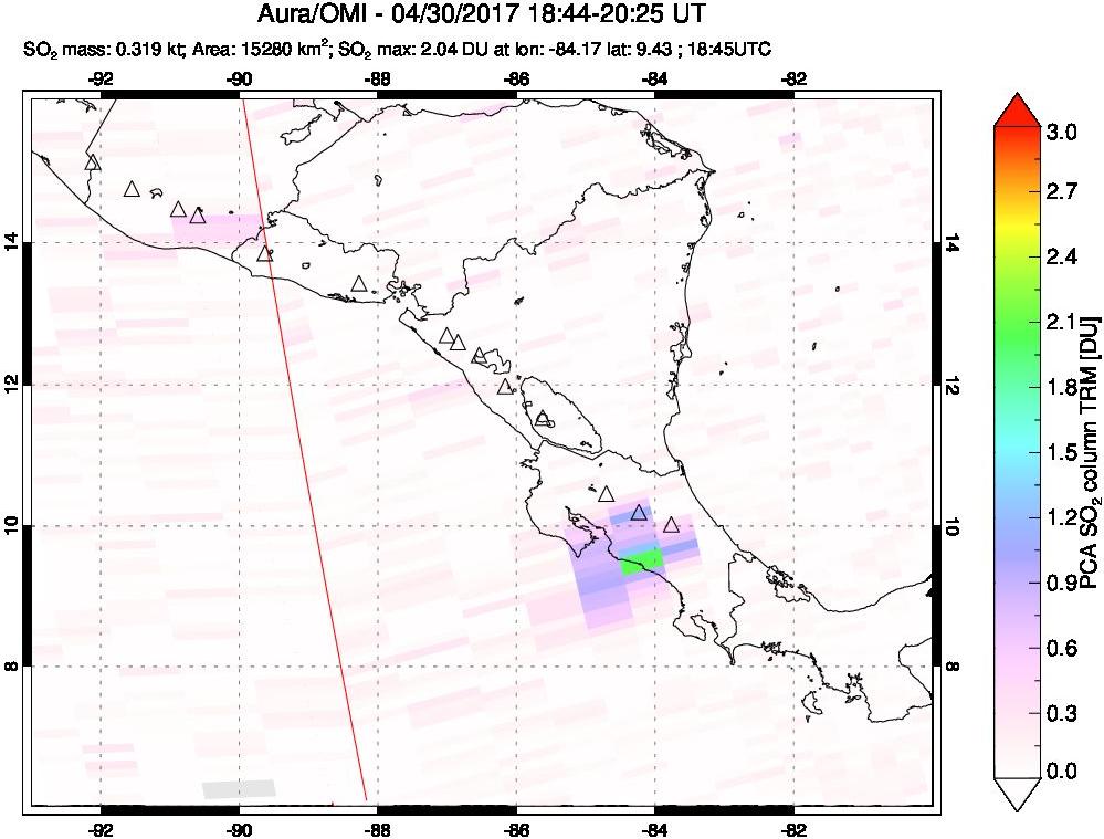 A sulfur dioxide image over Central America on Apr 30, 2017.