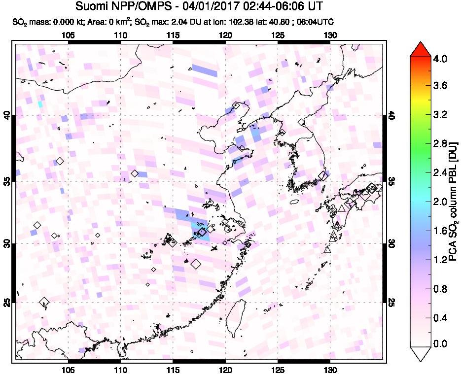 A sulfur dioxide image over Eastern China on Apr 01, 2017.
