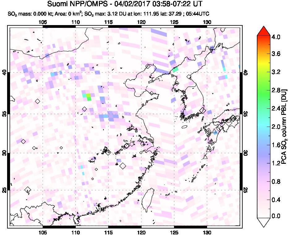 A sulfur dioxide image over Eastern China on Apr 02, 2017.