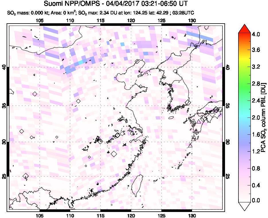A sulfur dioxide image over Eastern China on Apr 04, 2017.