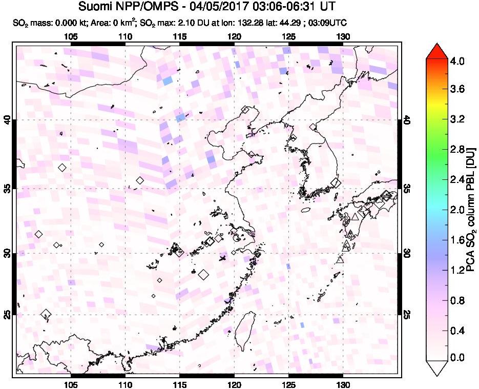 A sulfur dioxide image over Eastern China on Apr 05, 2017.