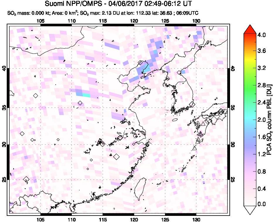 A sulfur dioxide image over Eastern China on Apr 06, 2017.