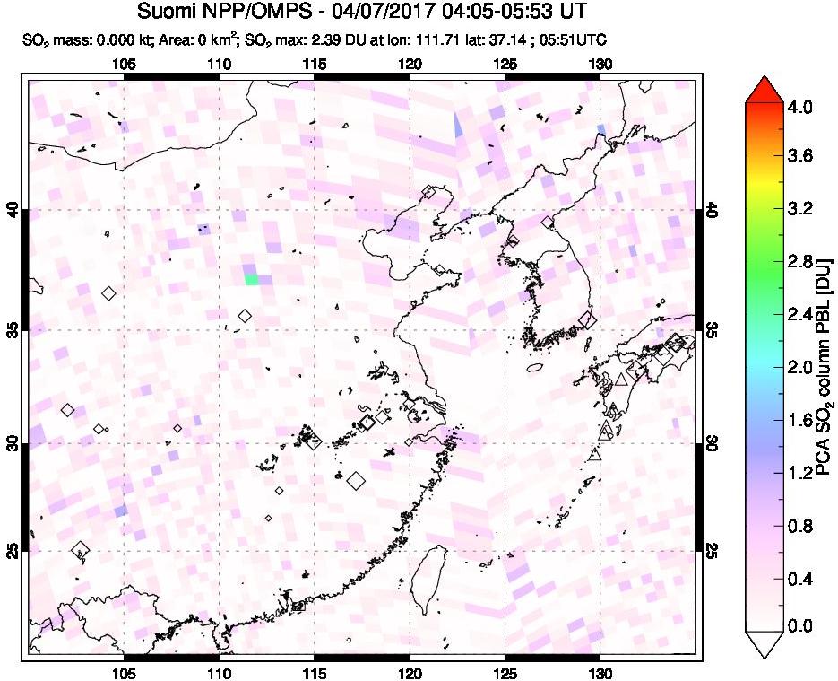 A sulfur dioxide image over Eastern China on Apr 07, 2017.