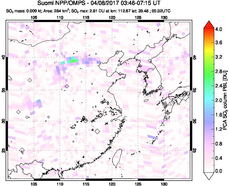 A sulfur dioxide image over Eastern China on Apr 08, 2017.