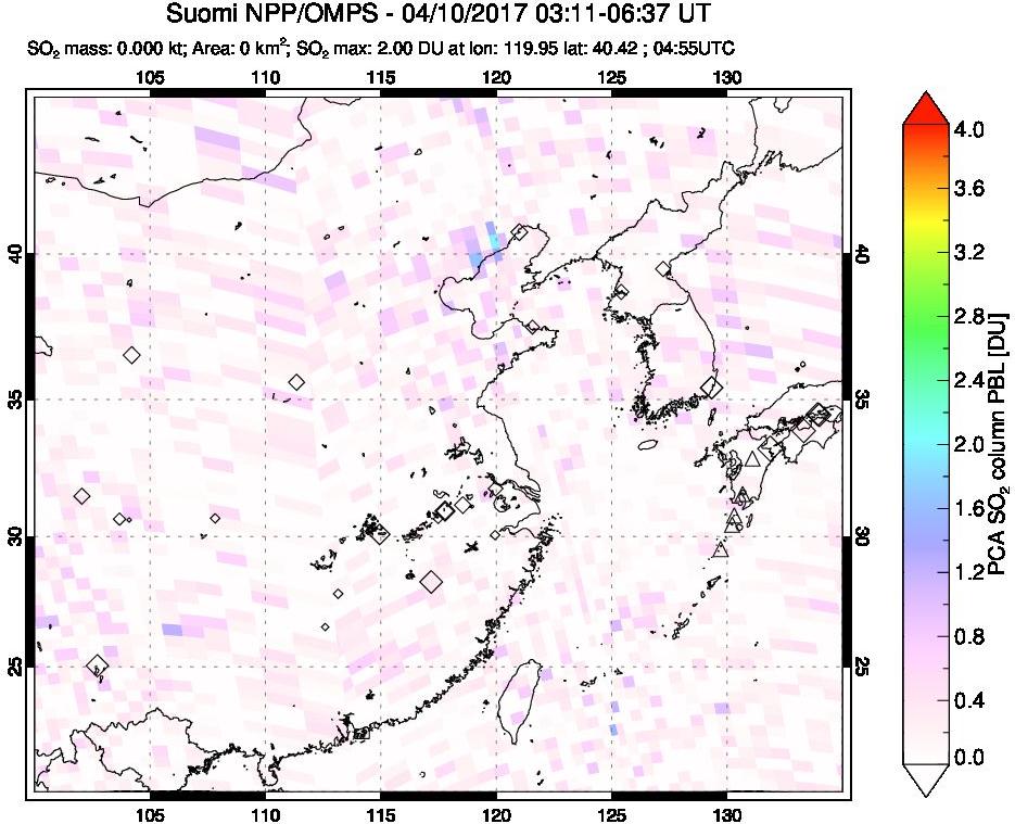 A sulfur dioxide image over Eastern China on Apr 10, 2017.