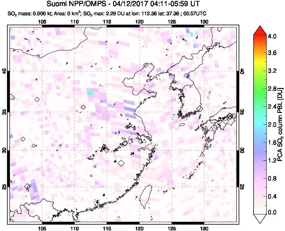 A sulfur dioxide image over Eastern China on Apr 12, 2017.