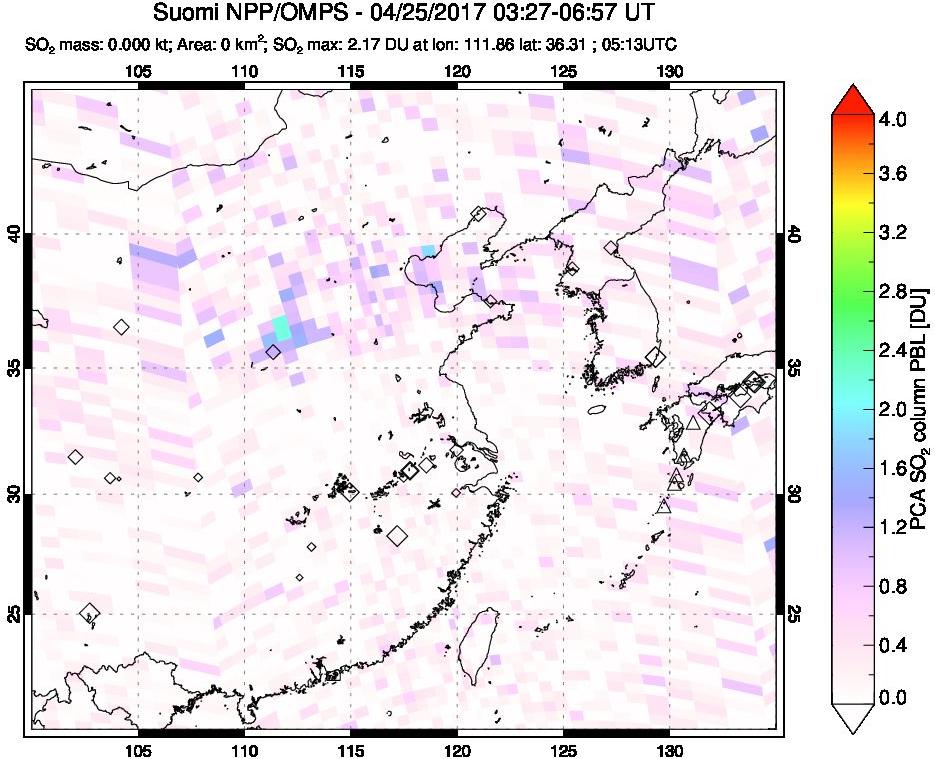 A sulfur dioxide image over Eastern China on Apr 25, 2017.