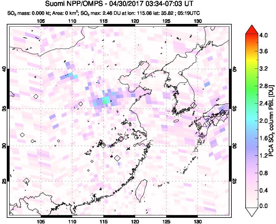 A sulfur dioxide image over Eastern China on Apr 30, 2017.