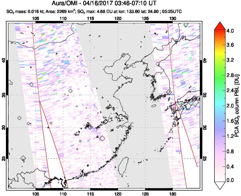 A sulfur dioxide image over Eastern China on Apr 16, 2017.