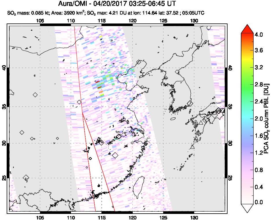 A sulfur dioxide image over Eastern China on Apr 20, 2017.