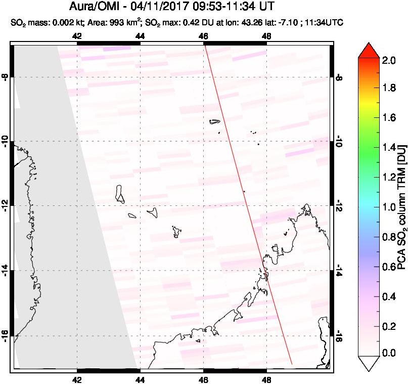 A sulfur dioxide image over Comoro Islands on Apr 11, 2017.