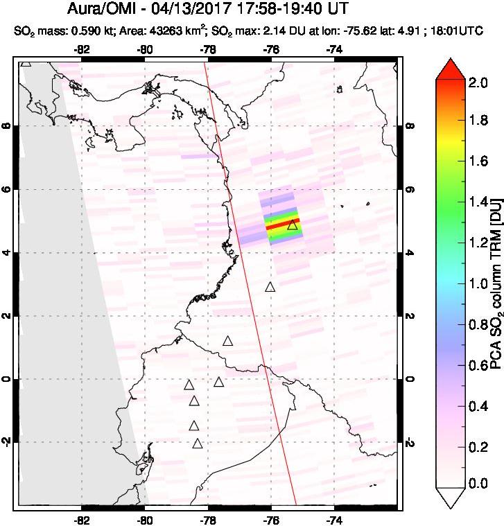 A sulfur dioxide image over Ecuador on Apr 13, 2017.