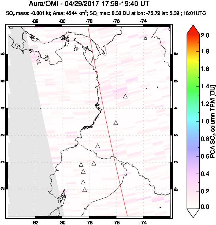 A sulfur dioxide image over Ecuador on Apr 29, 2017.