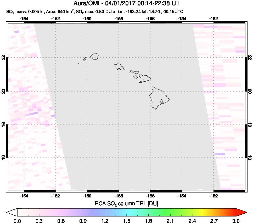 A sulfur dioxide image over Hawaii, USA on Apr 01, 2017.