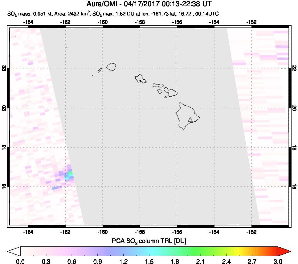 A sulfur dioxide image over Hawaii, USA on Apr 17, 2017.