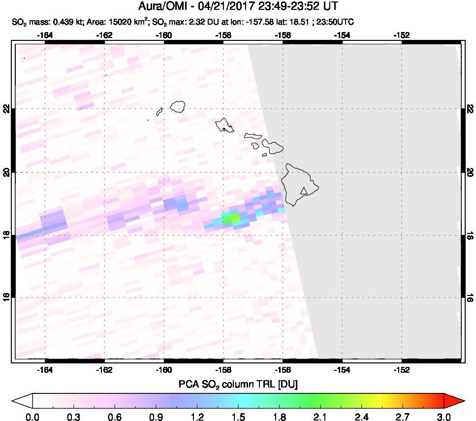 A sulfur dioxide image over Hawaii, USA on Apr 21, 2017.