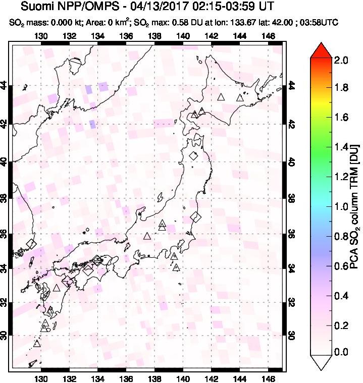 A sulfur dioxide image over Japan on Apr 13, 2017.