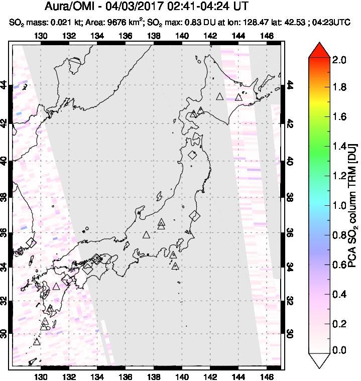 A sulfur dioxide image over Japan on Apr 03, 2017.
