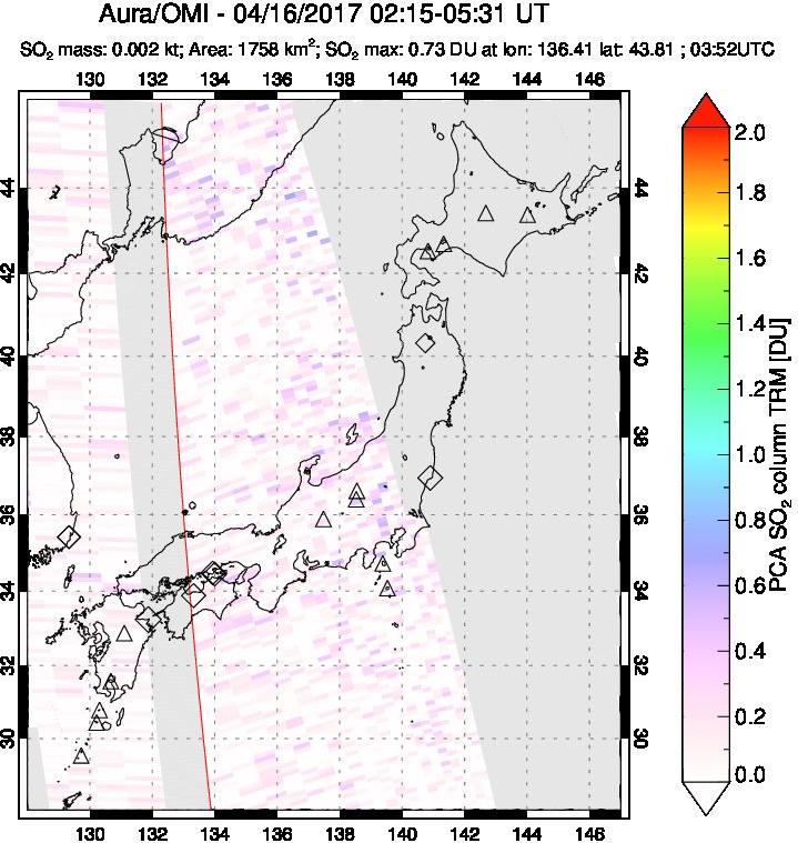 A sulfur dioxide image over Japan on Apr 16, 2017.