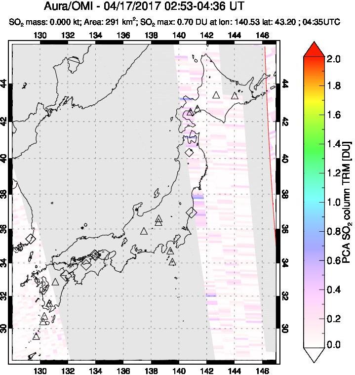 A sulfur dioxide image over Japan on Apr 17, 2017.