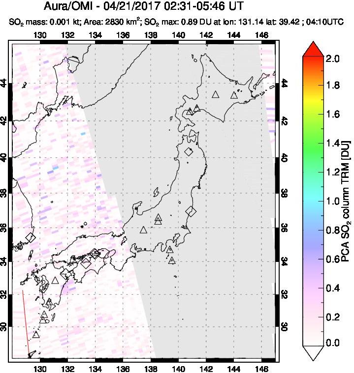 A sulfur dioxide image over Japan on Apr 21, 2017.