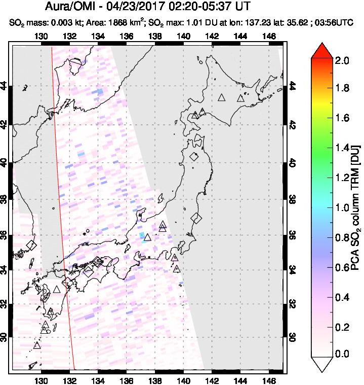 A sulfur dioxide image over Japan on Apr 23, 2017.