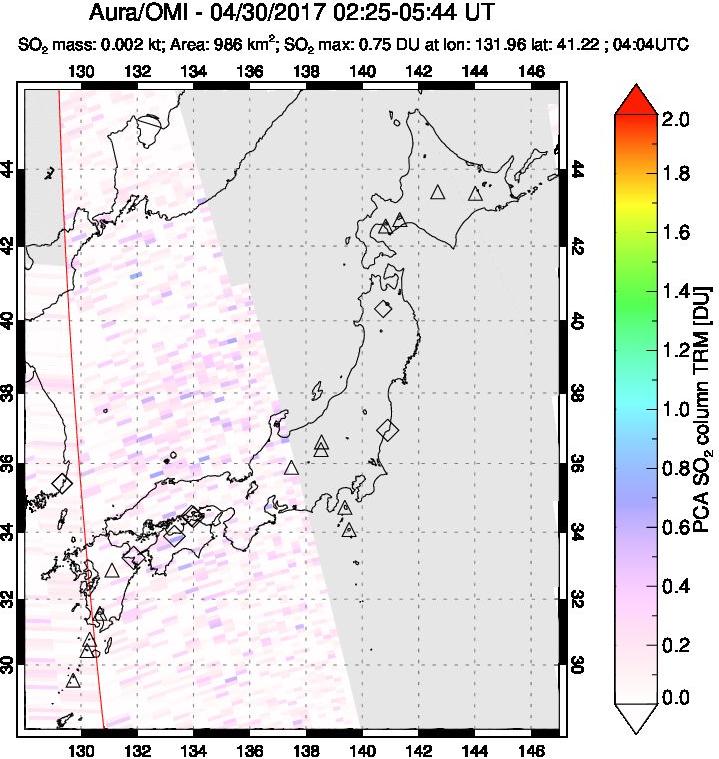 A sulfur dioxide image over Japan on Apr 30, 2017.