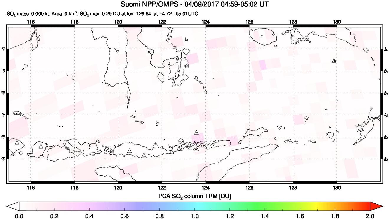 A sulfur dioxide image over Lesser Sunda Islands, Indonesia on Apr 09, 2017.