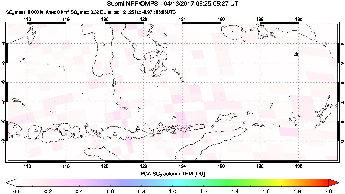 A sulfur dioxide image over Lesser Sunda Islands, Indonesia on Apr 13, 2017.