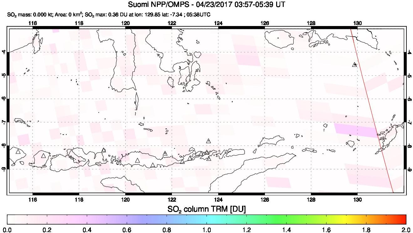 A sulfur dioxide image over Lesser Sunda Islands, Indonesia on Apr 23, 2017.