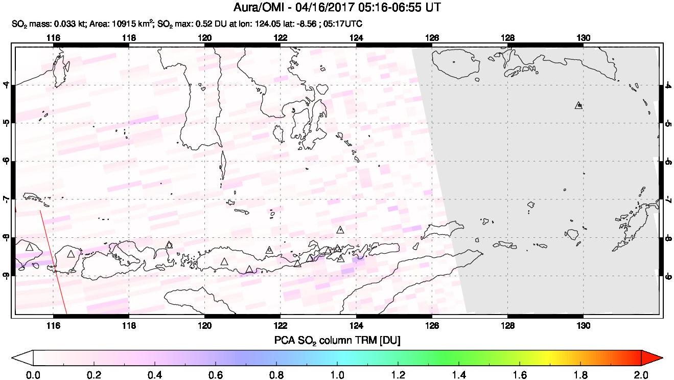 A sulfur dioxide image over Lesser Sunda Islands, Indonesia on Apr 16, 2017.