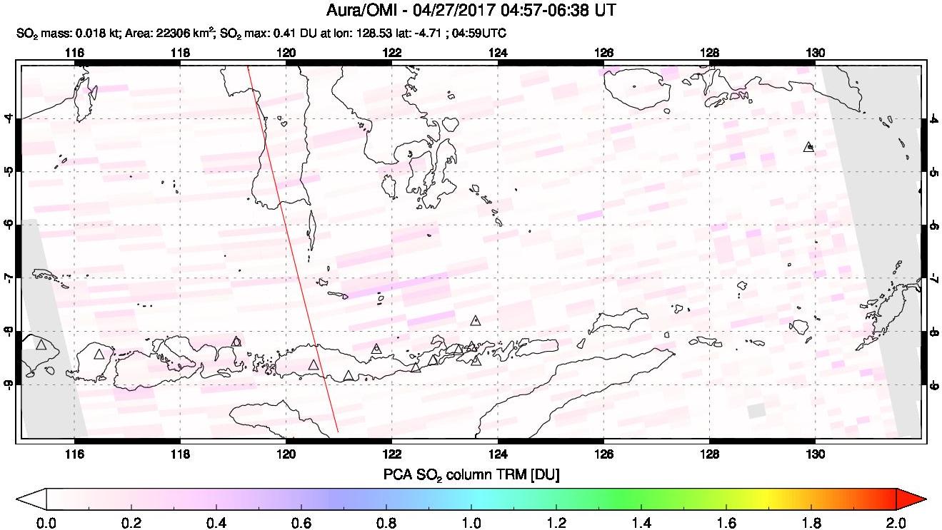 A sulfur dioxide image over Lesser Sunda Islands, Indonesia on Apr 27, 2017.