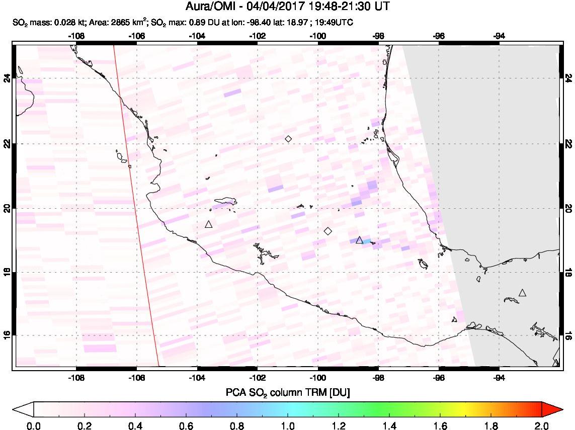 A sulfur dioxide image over Mexico on Apr 04, 2017.