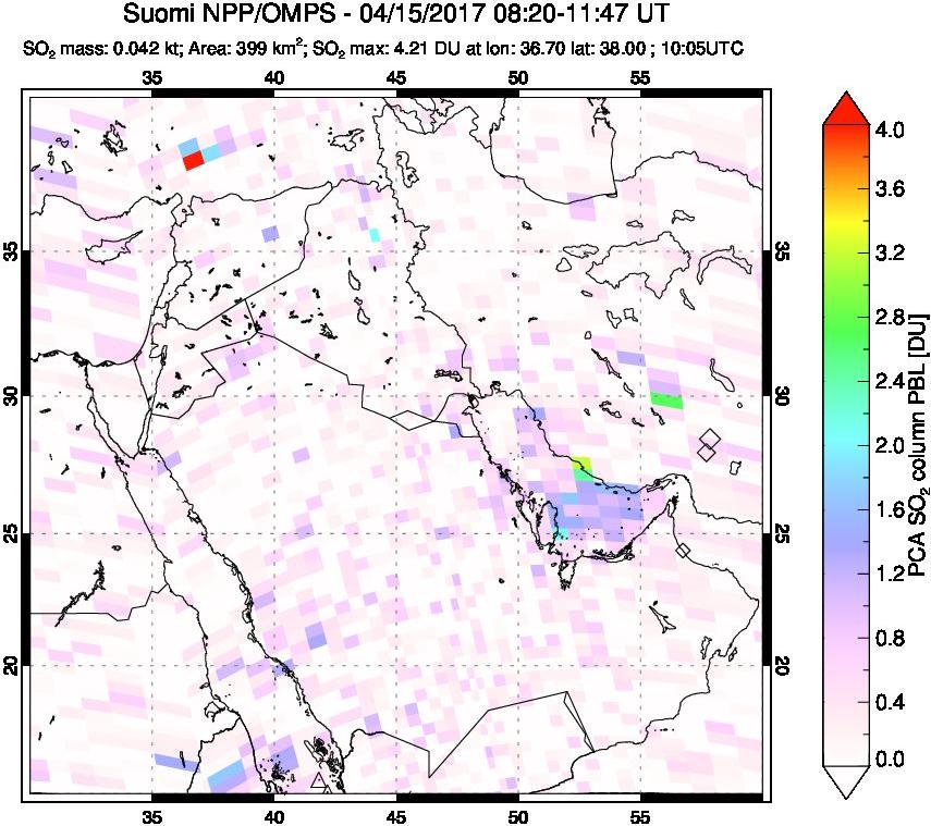 A sulfur dioxide image over Mideast on Apr 15, 2017.