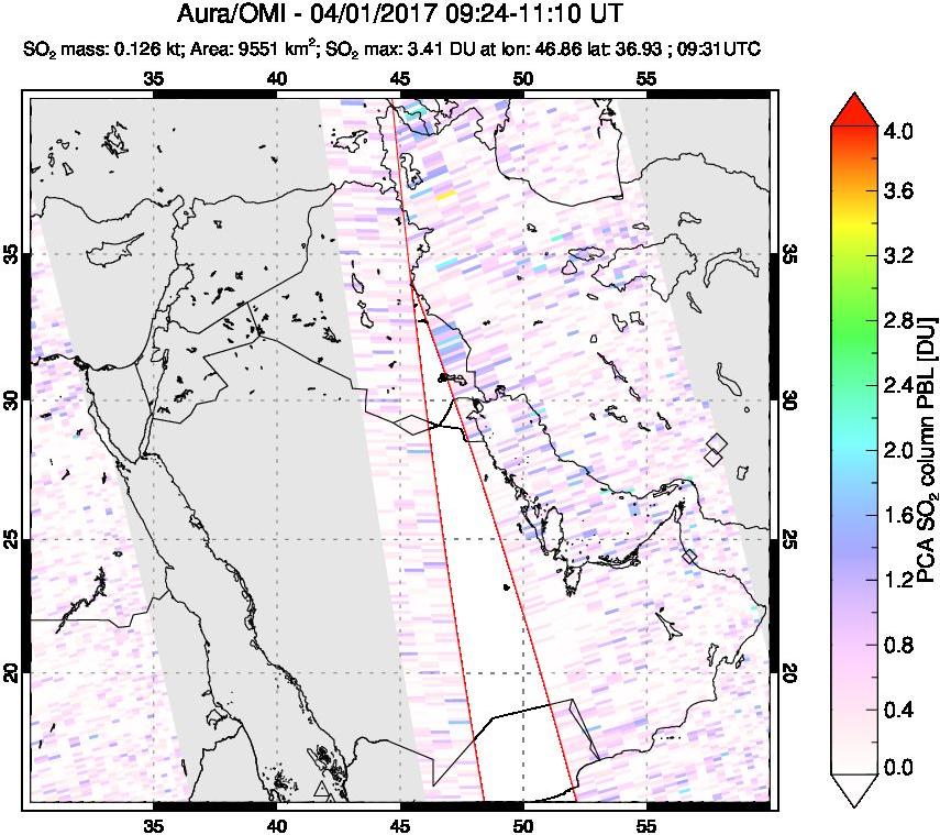 A sulfur dioxide image over Mideast on Apr 01, 2017.