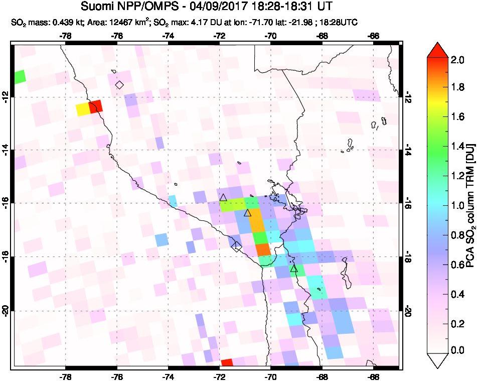 A sulfur dioxide image over Peru on Apr 09, 2017.