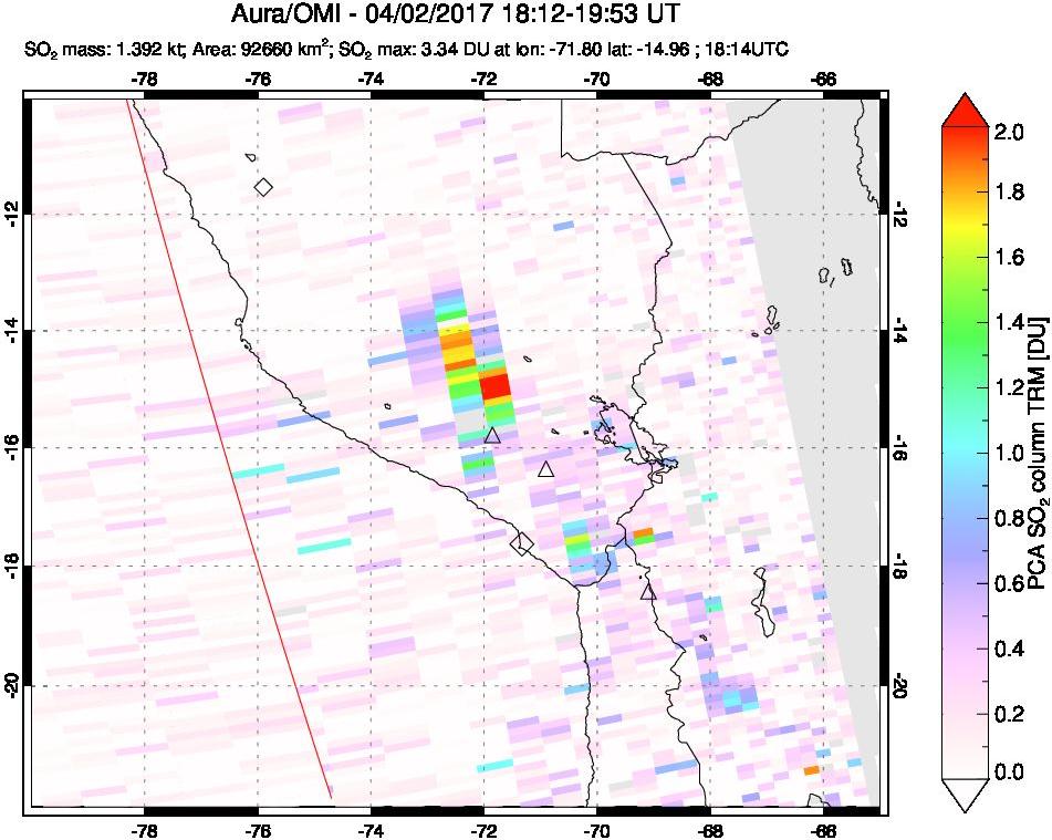 A sulfur dioxide image over Peru on Apr 02, 2017.