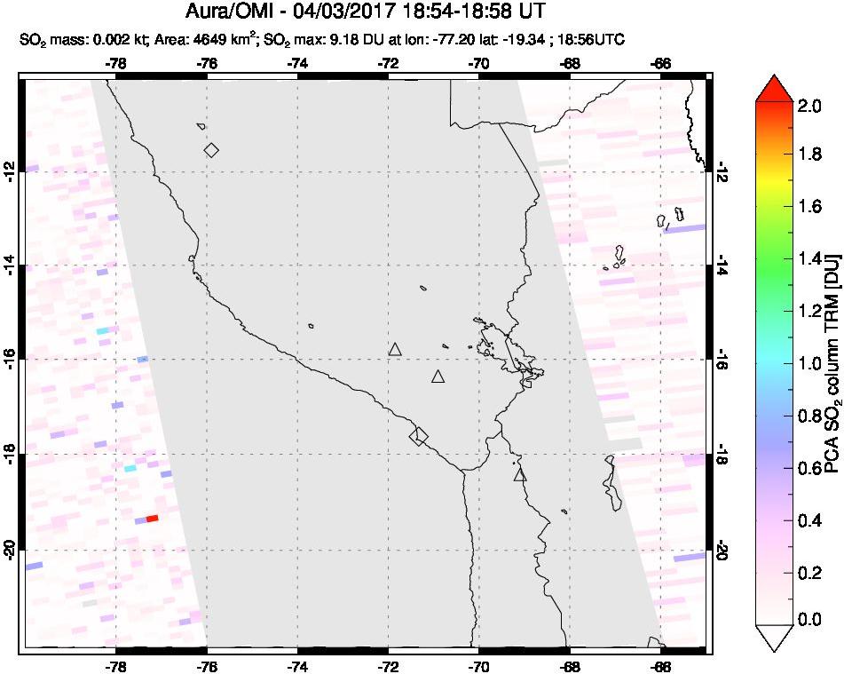 A sulfur dioxide image over Peru on Apr 03, 2017.