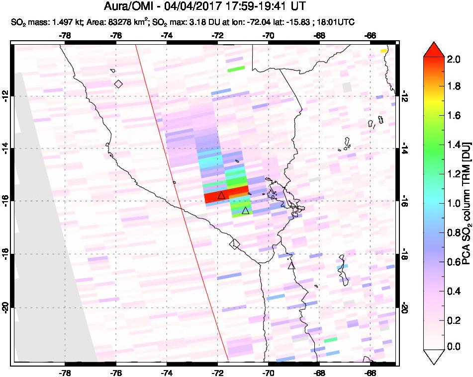 A sulfur dioxide image over Peru on Apr 04, 2017.