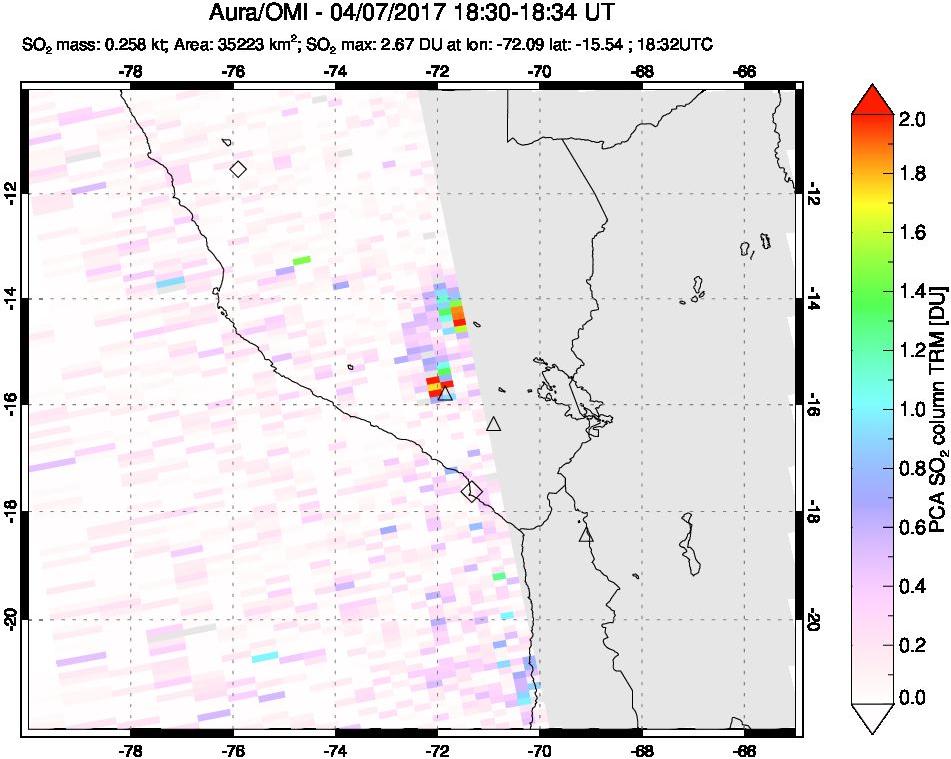 A sulfur dioxide image over Peru on Apr 07, 2017.
