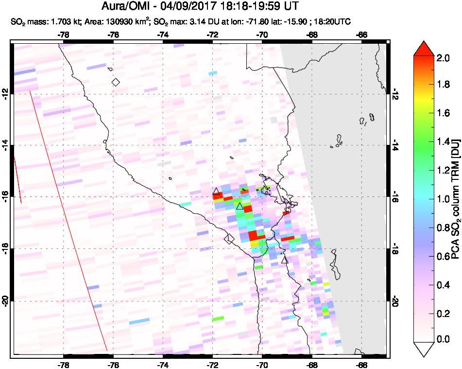 A sulfur dioxide image over Peru on Apr 09, 2017.