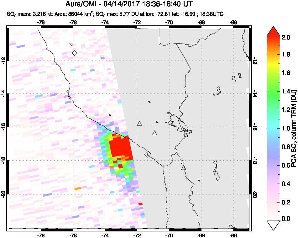 A sulfur dioxide image over Peru on Apr 14, 2017.