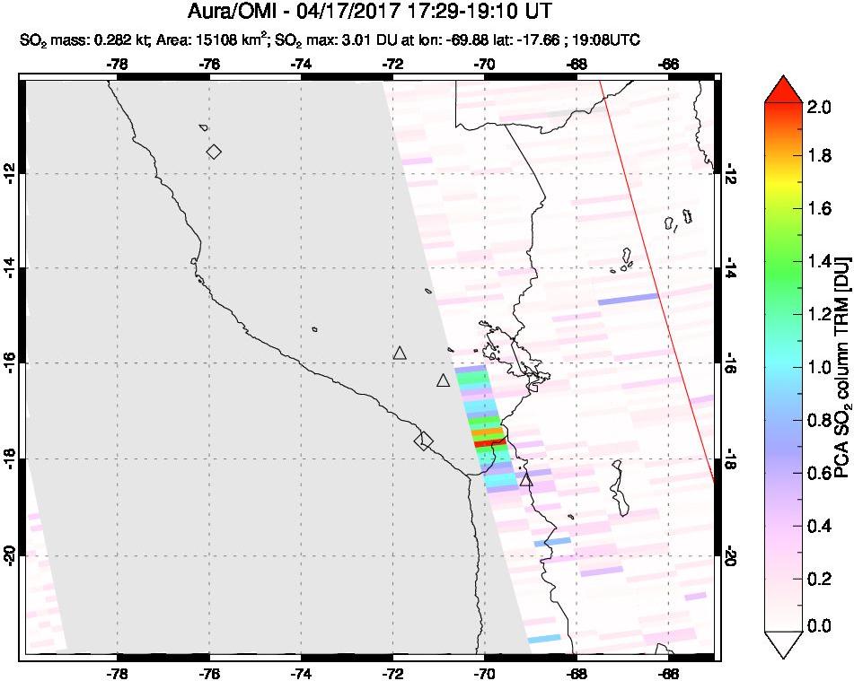 A sulfur dioxide image over Peru on Apr 17, 2017.