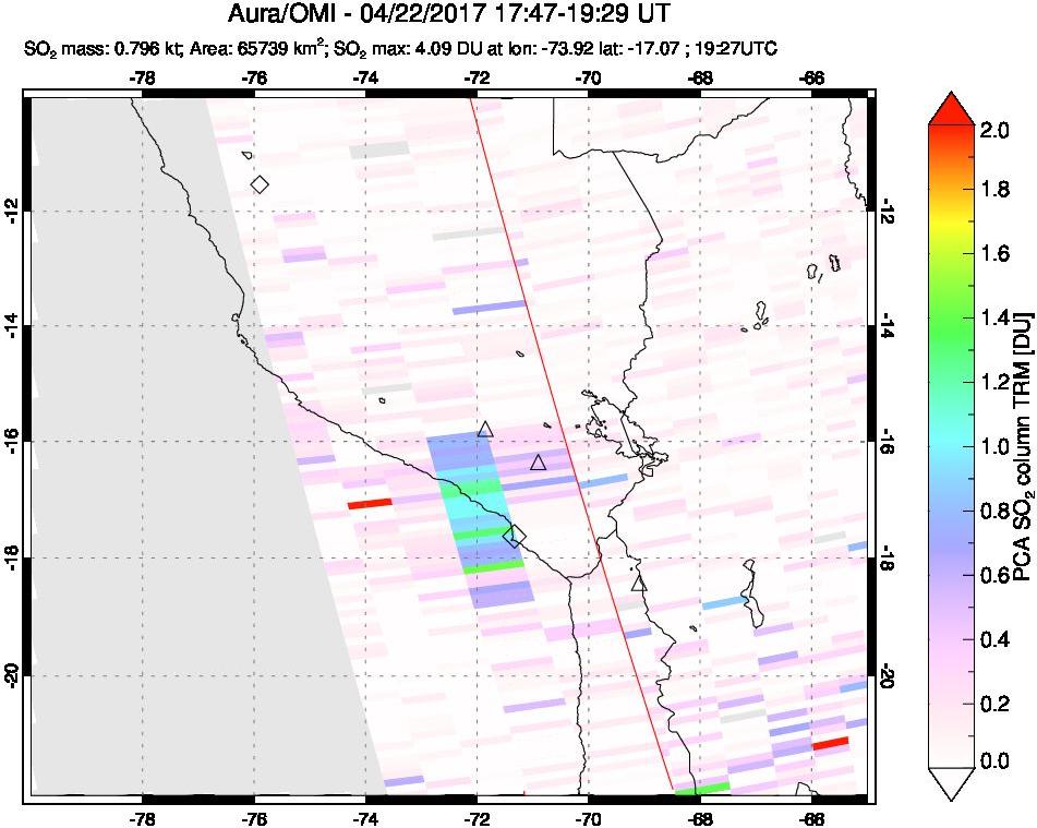 A sulfur dioxide image over Peru on Apr 22, 2017.