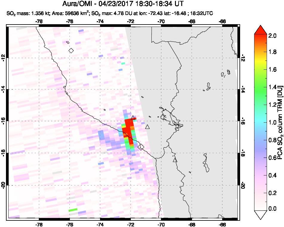 A sulfur dioxide image over Peru on Apr 23, 2017.