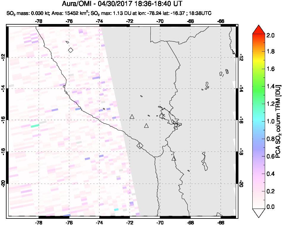 A sulfur dioxide image over Peru on Apr 30, 2017.